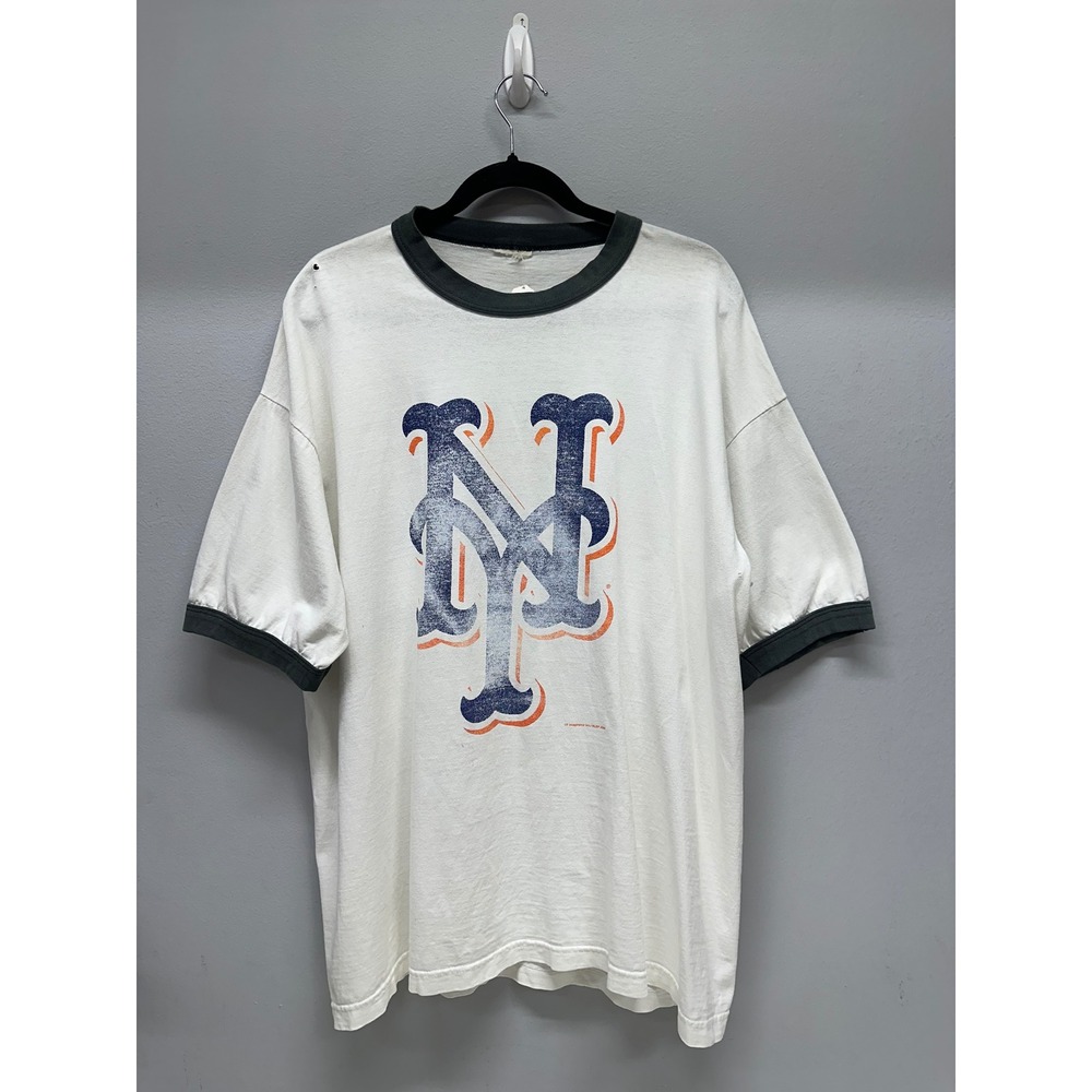 Vintage New York Mets MLB Ringer T-Shirt White Navy Blue NY Logo Distressed XL